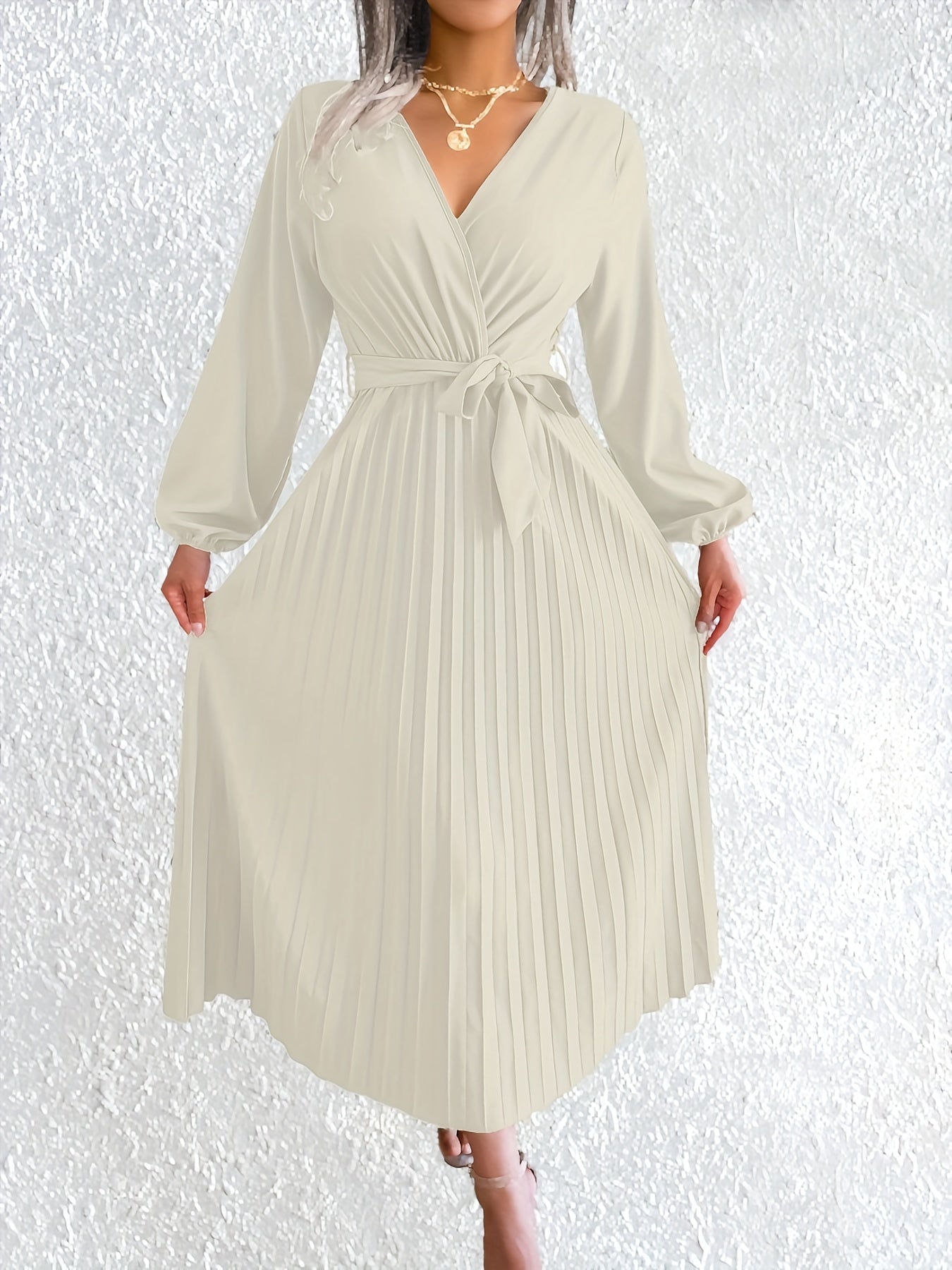 Style Autumn Winter Western Ins Hot Item Temperament V-Neck Flared Pleated Maxi Dress