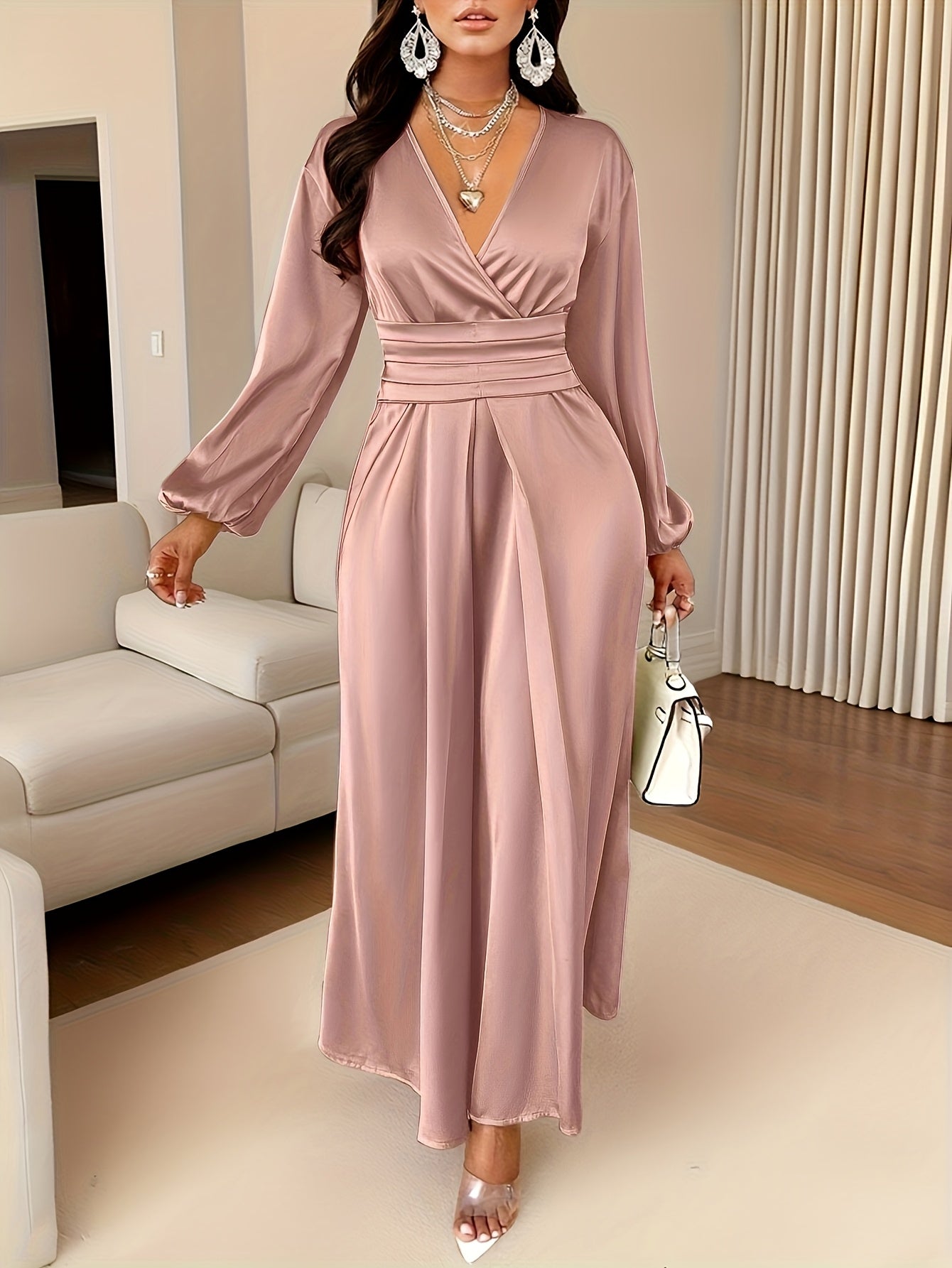 Women's Solid-color Simple Daily and Party Banquet Satin Bridesmaid Dress with Pleated Design