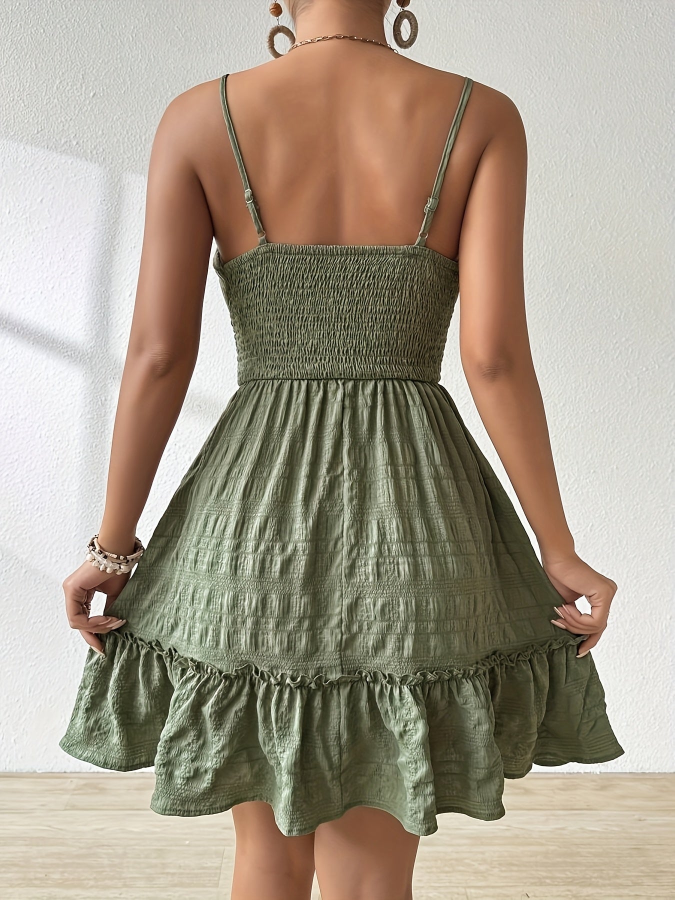Women's Vibrant Green Ruched Mini Dress/Adjustable Spaghetti Straps, Backless Design & Tiered Ruffle Hem/Lightweight Summer Casual Dress for Beach or Vacation, Beach Dresses, Vacation Attire, Ruched Texture, Fabric