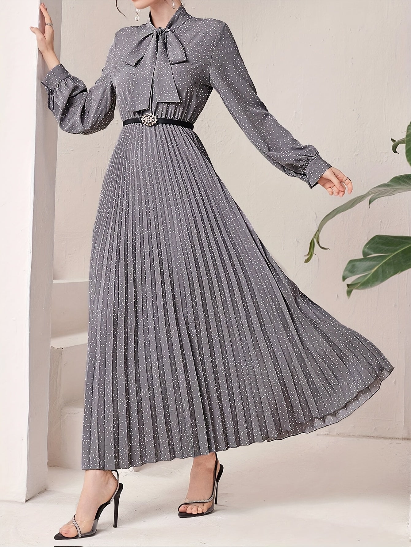 Pleated Allover Print Tie Neck Dress, Elegant Long Sleeve Dress For Spring & Fall, Women's Clothing