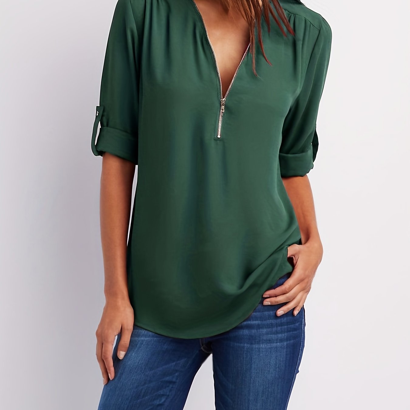 V-Neck Zipper Women'S Long-Sleeved Roll-Up Sleeve Loose Chiffon Shirt