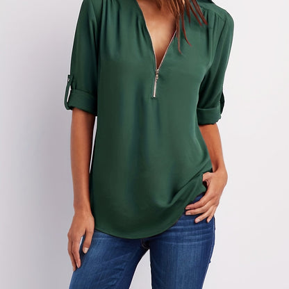 V-Neck Zipper Women'S Long-Sleeved Roll-Up Sleeve Loose Chiffon Shirt