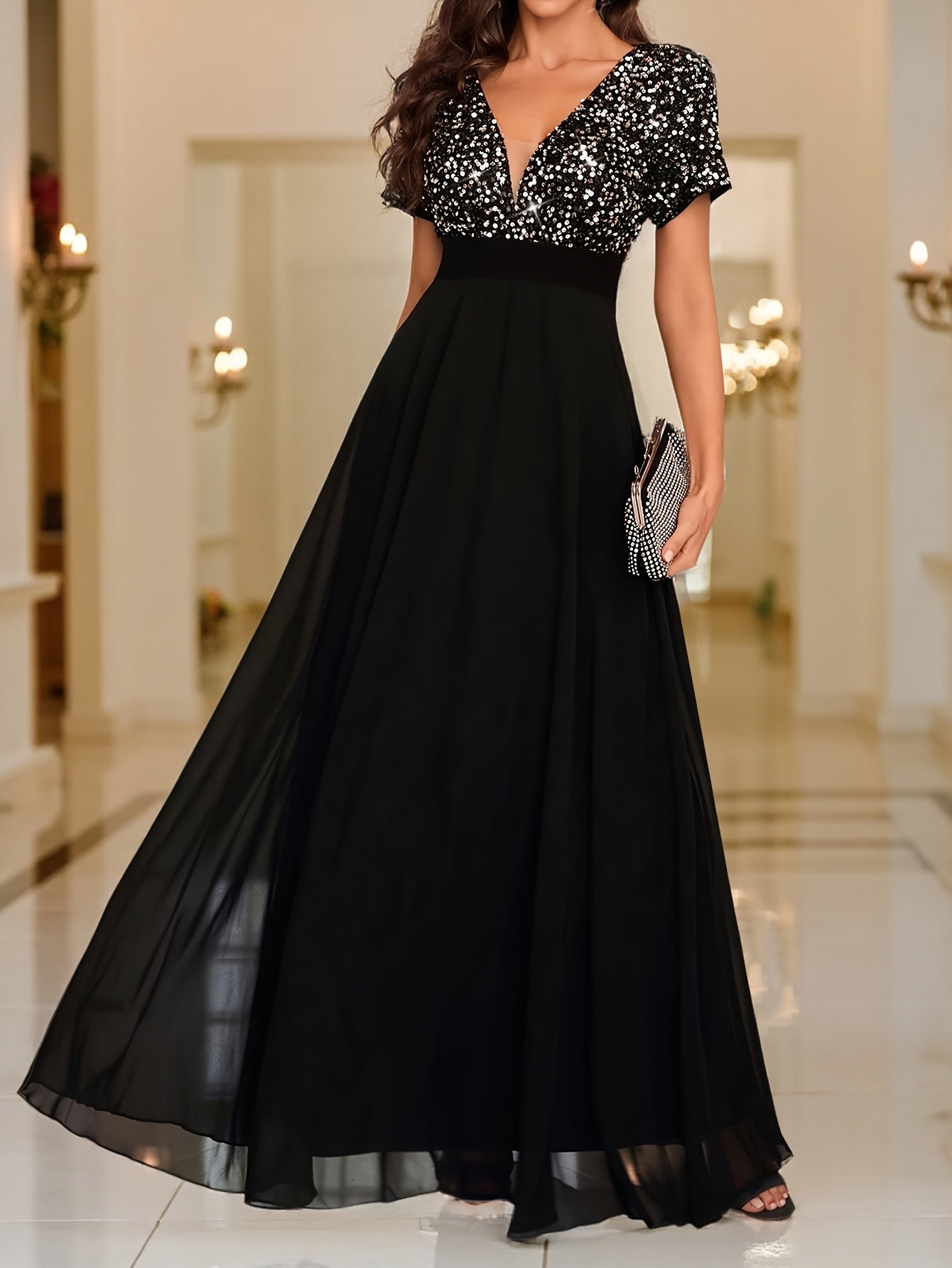Sequin Spliced Formal Dress Elegant Prom Wedding Guest Gown, Contrast Sequin Chiffon Formal Dress, V-Neck Short Sleeve Sequin Patchwork Slim Fit Long Dress for Graduation Dress, Bride Dress, Birthday Women Outfits, Party Dress, Evening