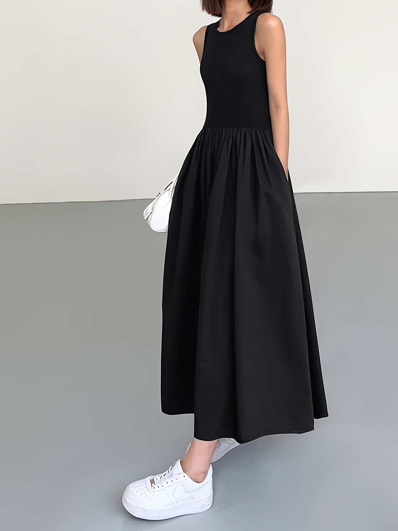 [Women's Midi Dress] Women's Casual Sleeveless Midi Dress - Round Neck, Solid Color, Pleated A-line Skirt, Suitable for All Seasons