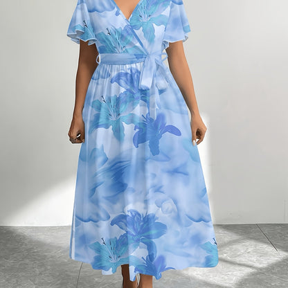 [Plus Size Summer Dress] Plus Size Women's Summer Dress | Printed Round Neck Short Sleeve Raglan Long | Christmas Set