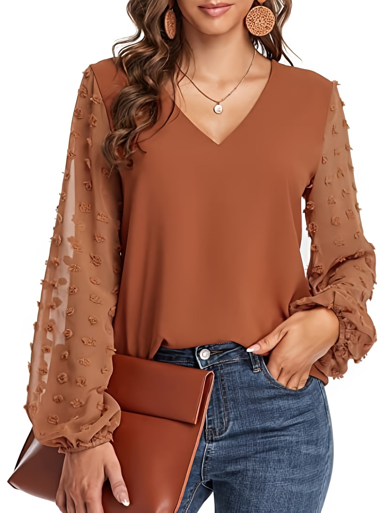 Swiss Dot Sleeve Shirt, Casual V Neck Solid Shirt For Spring & Fall, Women's Clothing