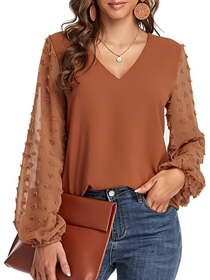 Swiss Dot Sleeve Shirt, Casual V Neck Solid Shirt For Spring & Fall, Women's Clothing