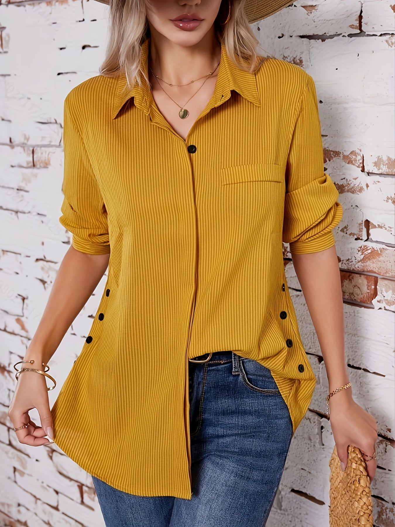 Spring/Autumn New Women's Solid Color Striped Button-Up Faux Pocket Striped Long Sleeve Long Shirt Top