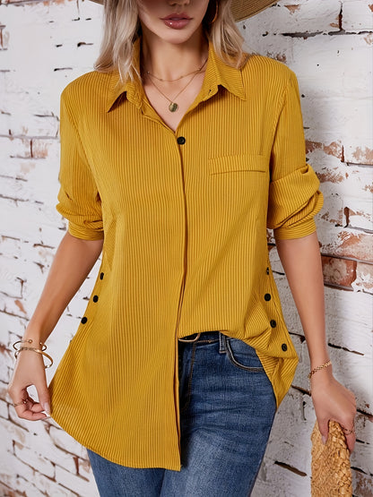 Spring/Autumn New Women's Solid Color Striped Button-Up Faux Pocket Striped Long Sleeve Long Shirt Top