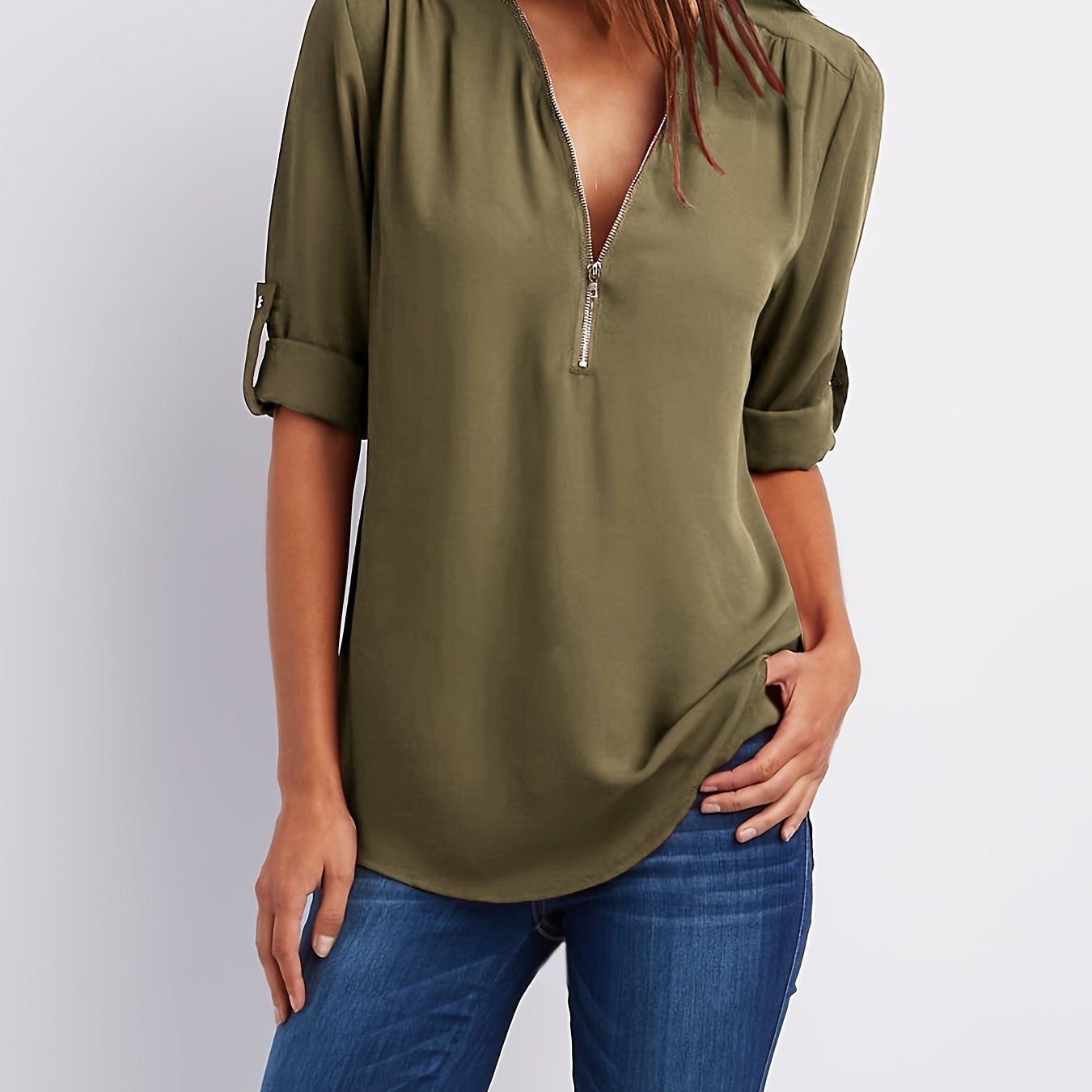 V-Neck Zipper Women'S Long-Sleeved Roll-Up Sleeve Loose Chiffon Shirt