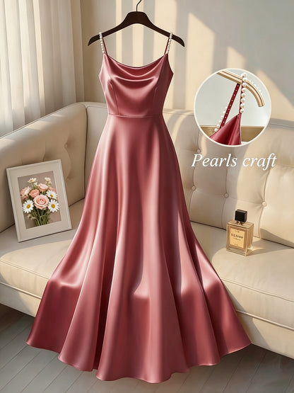 [Pearl Strap] Satin Cami Retro Dress, Suitable for Parties, Weddings, Dates, And Commuting, Luxurious Dress