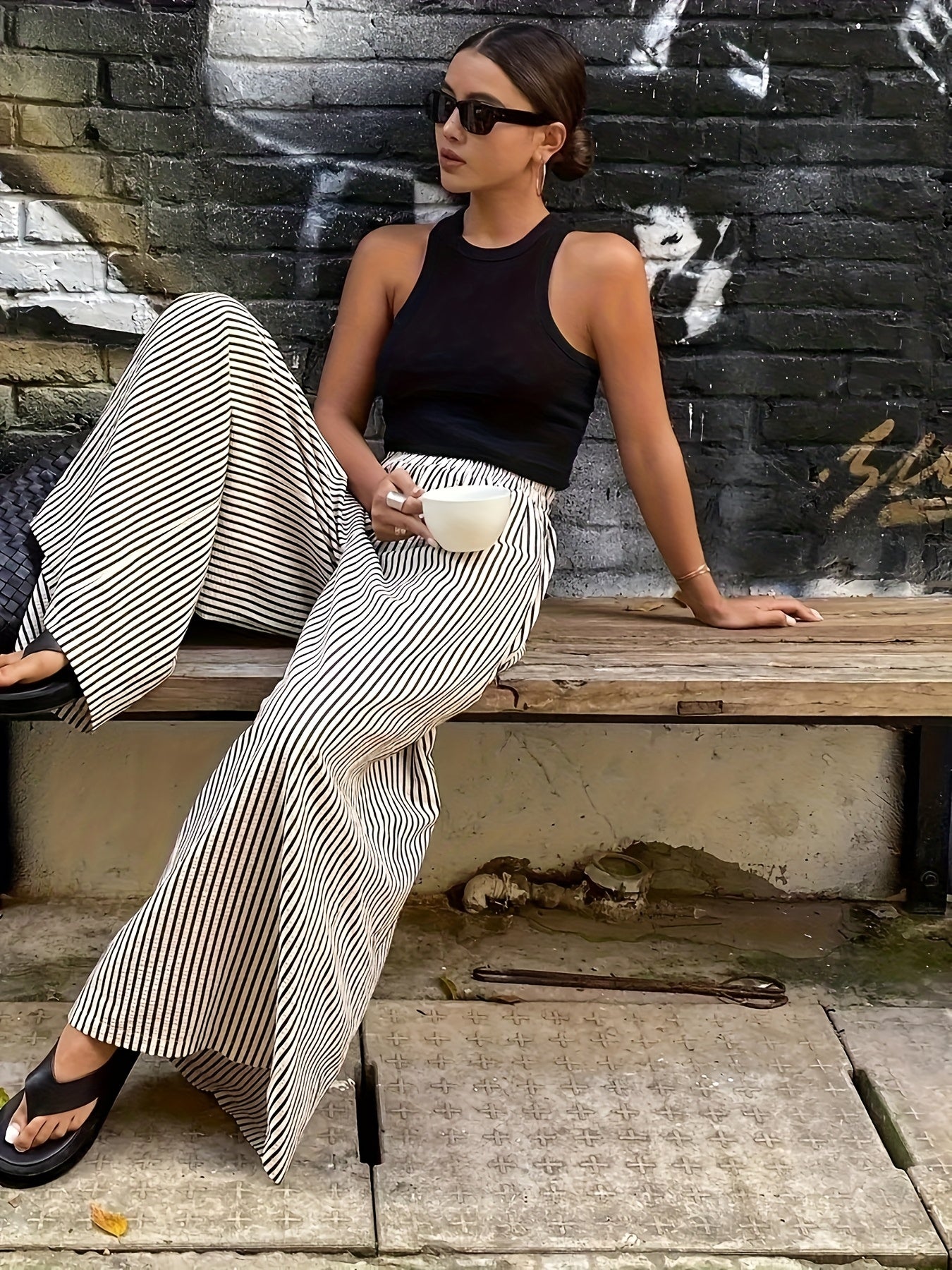 Striped Pocket Wide-Leg Pants for Women, Comfortable for All Seasons