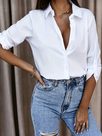 Pure White Long-sleeve V-neck Button- Shirt
