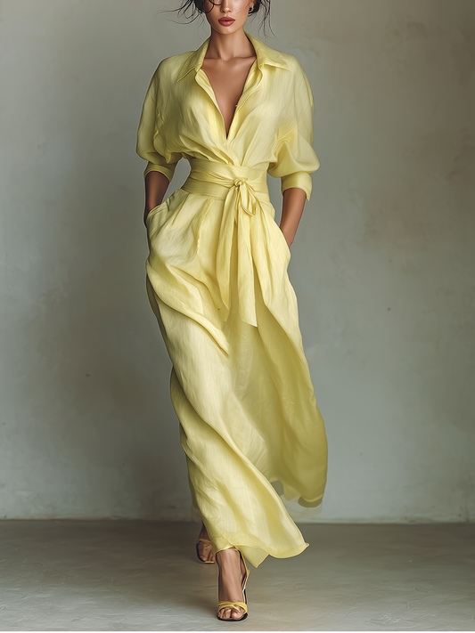 Effortless Yellow Linen Maxi Dress for Women with Collar V Neck Balloon Sleeve Belted Flowing Style