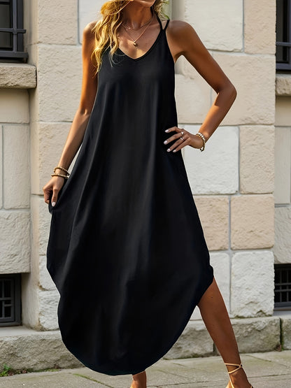 [Women's A-line Dress] Women's Dress - Fashionable Elegant Casual Simple Solid Color Curved Hem Dress - Double Spaghetti Strap Design - Long A-line Dress for Spring, Summer - Suitable for Vacation, Dates, Commuting, Leisure, Daily Wear