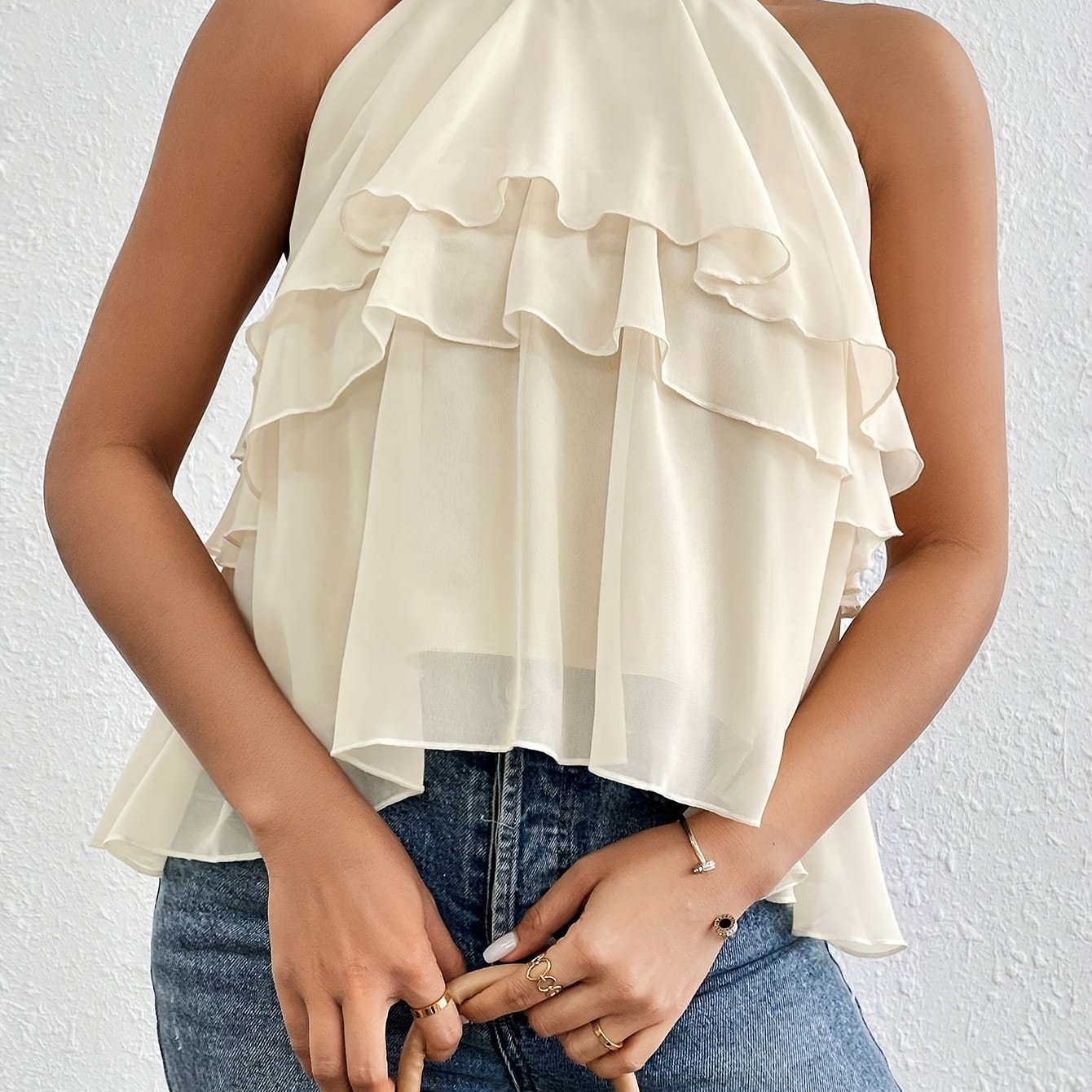 Halter Neck Ruffled Cake-Style Chiffon Blouse