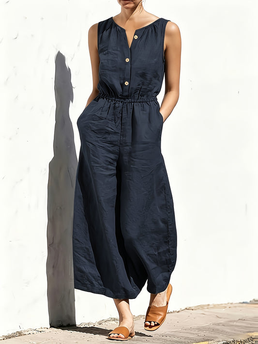 Commuting Style Navy Jumpsuit Sleeveless Button Waist Wide-Leg Casual Jumpsuit