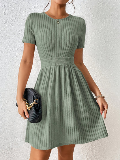 New Fashion Casual / Solid Color Ribbed / Waist-Knot A-Line Dress