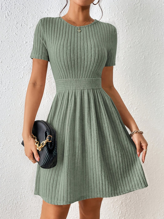 Comfortable Ribbed Knit Mini Dress for Women with Round Neck Short Sleeve Smocked Waist Fit and Flare Style