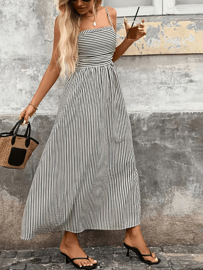 Women's New Striped Back Hole/Long Camisole Dress/Fashionable Elegant Commute Vacation/Casual Party/Street Trendy/Daily A-Line Skirt/Suitable for Spring Summer