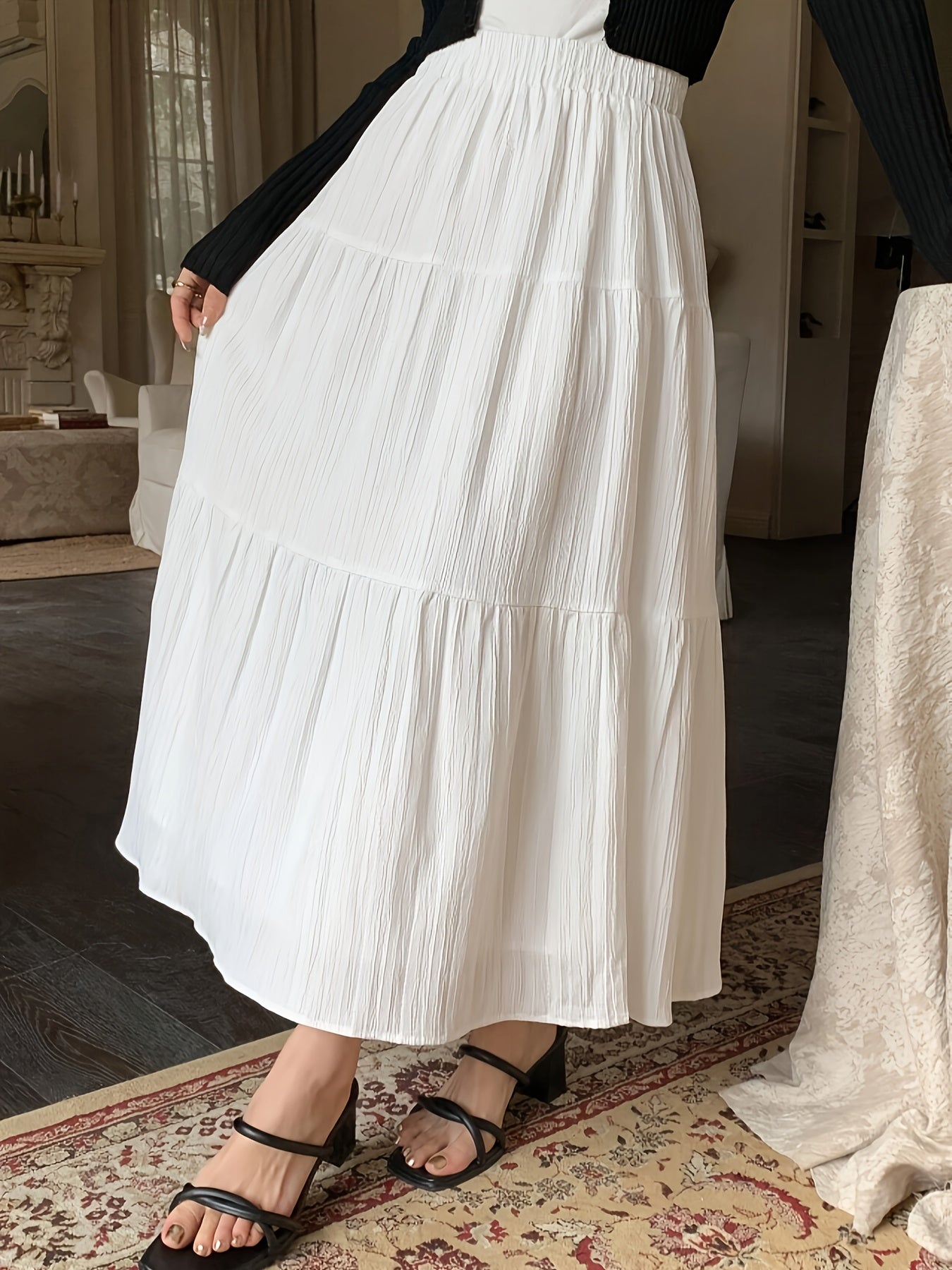 Midi Skirt Summer / Cake High Waist New Elastic / Mid-Length Large Swing Skirt White