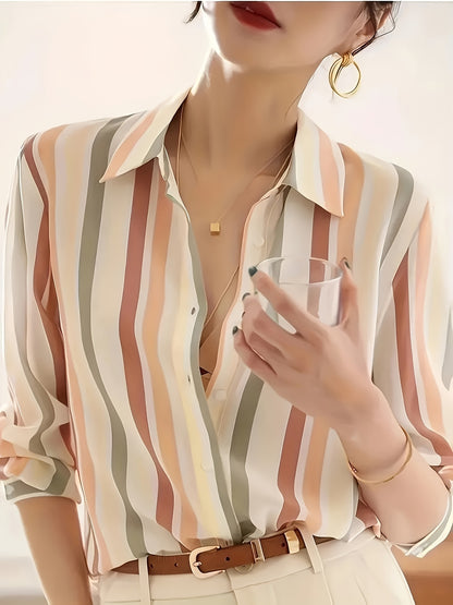Women'S Casual Striped Shirt, Button-Up Design, Made Of, Suitable for Spring, Summer, And Autumn Casual Or Formal Wear | Classic Lapel Fashion Button-Up, Elegant Women'S Shirt, Beautiful Women'S Shirt, Autumn Women'S Top Trend, Women'S Clothing
