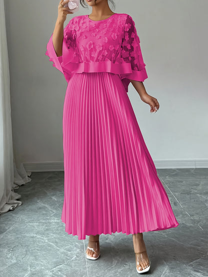 Elegant Floral Applique Two Piece Set for Women with Round Neck Flutter Sleeve Pleated Maxi Skirt Formal Style