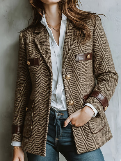 Retro Elegant Lapel Herringbone Commuting Fashion Patchwork Brown Women'S Blazer Jacket