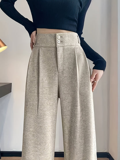 Women's Simple Commuter Straight-Leg Loose Elastic Pants, Draping Tweed Wide-Leg Trousers, Autumn-Winter Women's Clothing, Elegant Casual Long Pants, High-Waisted Suit Pants