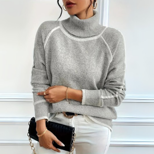 Comfortable Grey Turtleneck Sweater for Women with High Neck Long Sleeve Contrast Trim Oversized Knit Style