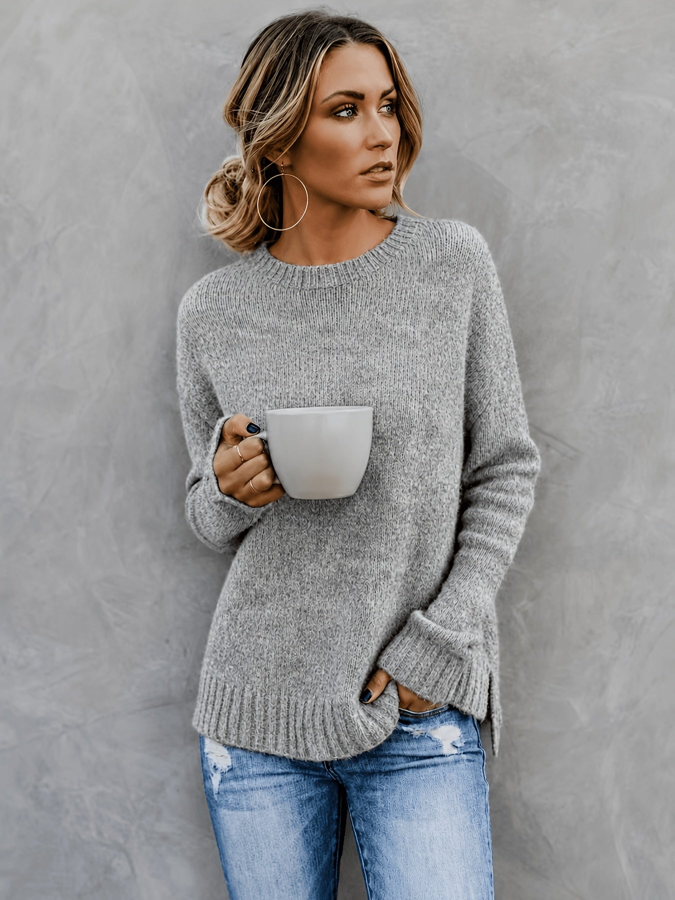 Women'S Casual Commuter Style Retro All-Match Short Front Long Back Slit Round Neck Long Sleeve Sweater Pullover