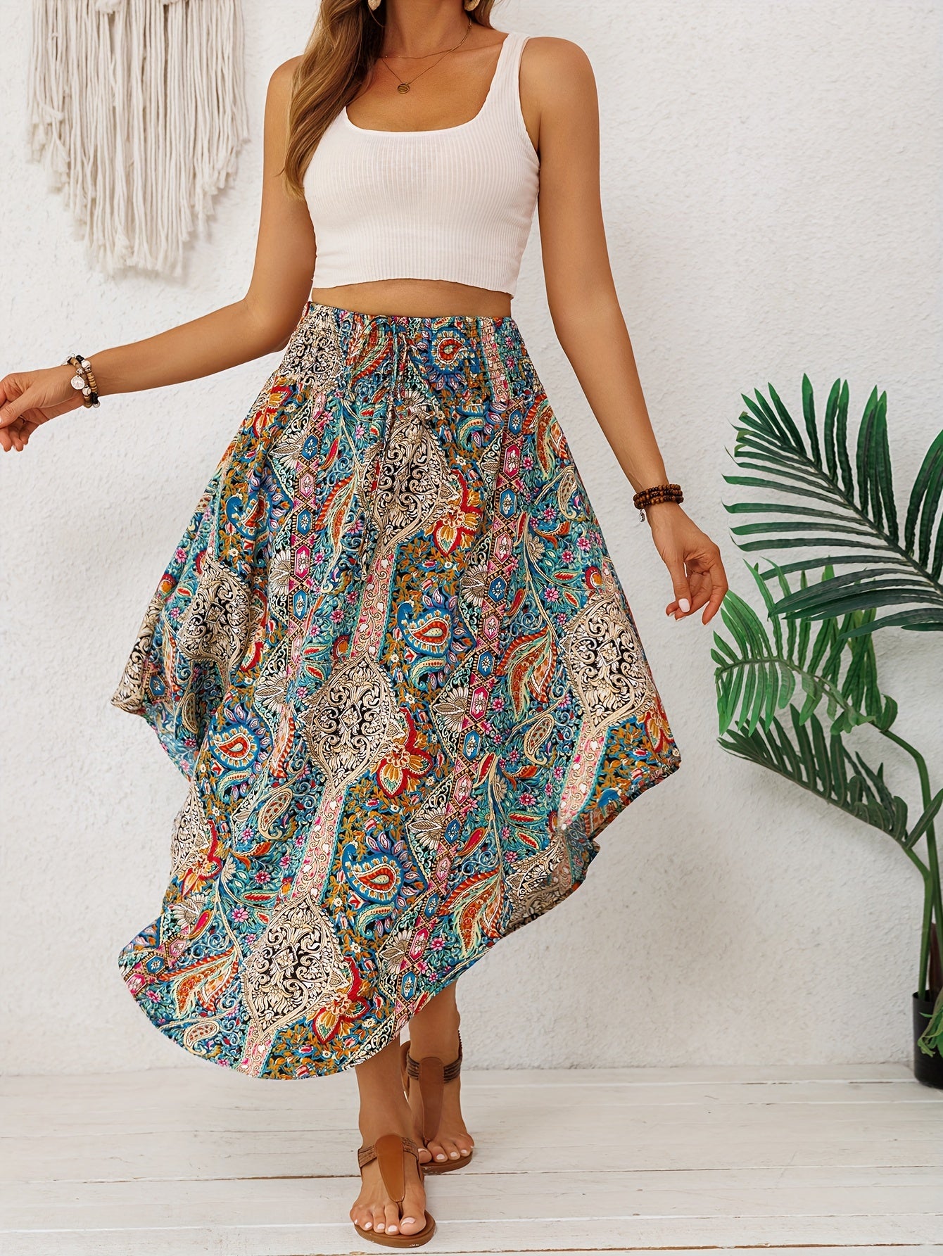 2026 Spring/Summer Bohemian Print Midi Skirt for Women, Elastic High Waist, Irregular Curved Hem, Flared Midi Dress, Vintage Ethnic Style, Vacation, Flowy, Beach, Casual Skirt