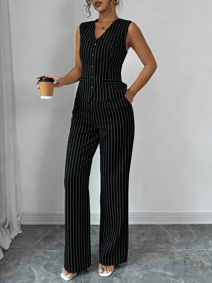 Vertical Stripe Design Set: V-neck Sleeveless Vest with Pockets + High-waist Wide-leg Pants. A Professional and 2pcs Set for Women, Suitable for Both Work and Casual Daily Wear.