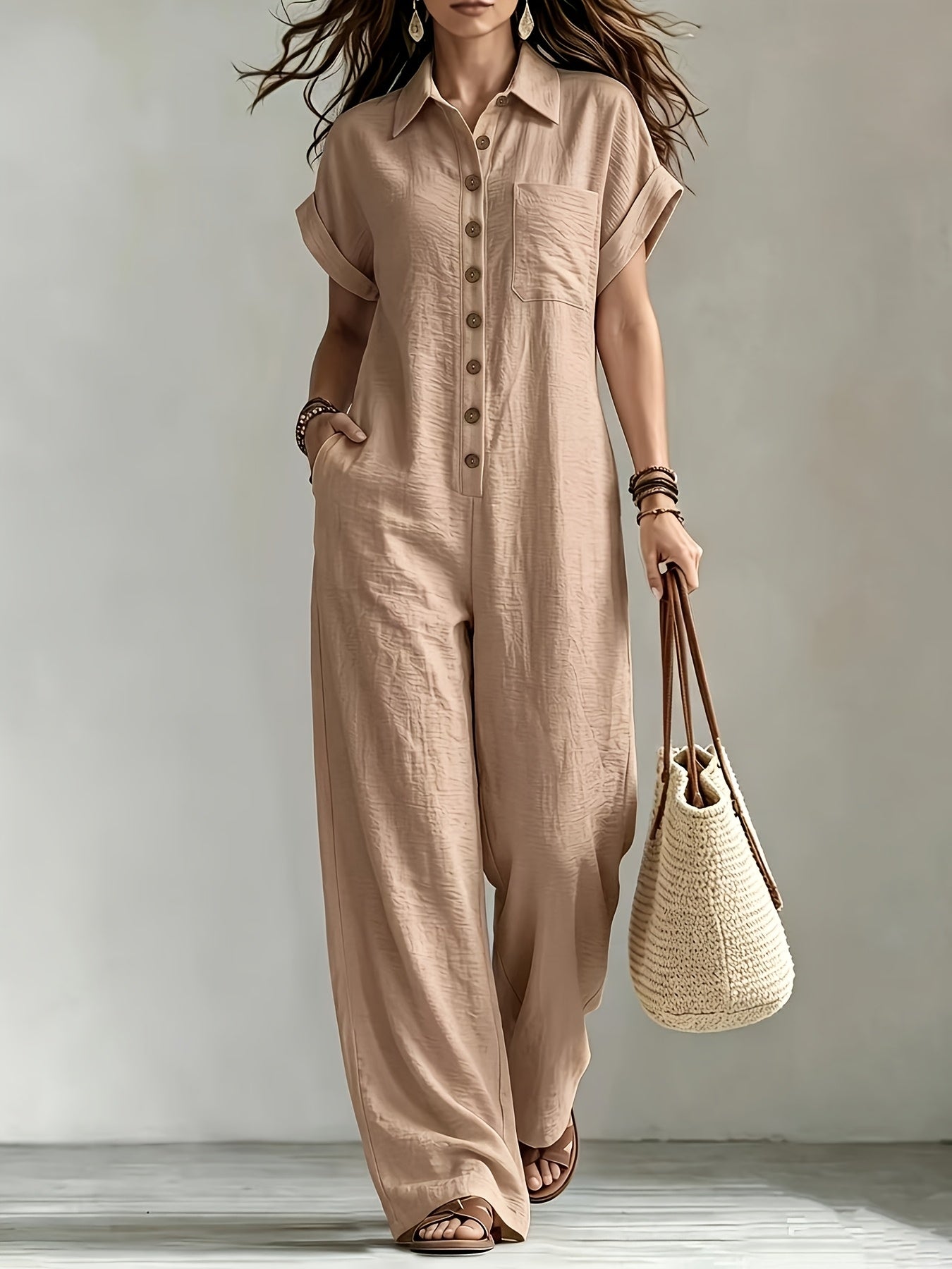 Women's Summer Short Sleeve Jumpsuit/Collared Single-Row Button Loose Straight Style/Casual Cargo Overalls/Loose Straight Drape Long Pants/Daily Commute Casual All-Match Fashion Comfortable