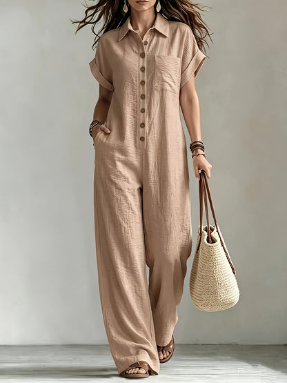 Women's Summer Short Sleeve Jumpsuit/Collared Single-Row Button Loose Straight Style/Casual Cargo Overalls/Loose Straight Drape Long Pants/Daily Commute Casual All-Match Fashion Comfortable