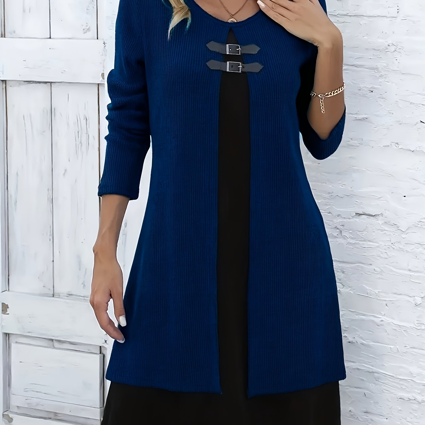 Autumn/Winter New Round Neck 2-in-1 Look Spliced Color-Block Women's Fashion Elegant Dress