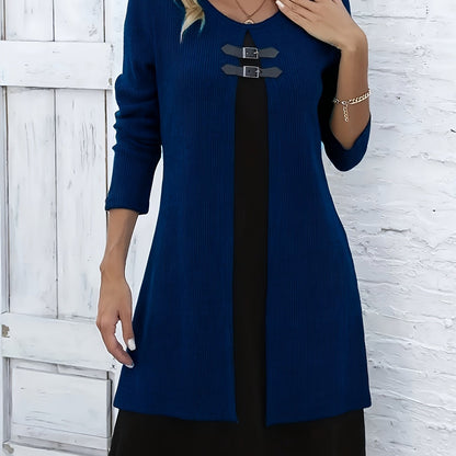 Autumn/Winter New Round Neck 2-in-1 Look Spliced Color-Block Women's Fashion Elegant Dress