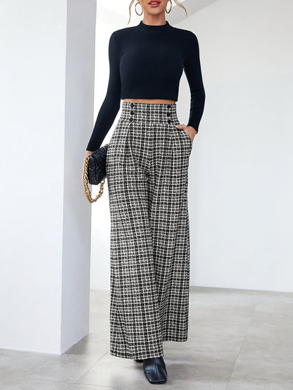 Wide-Leg Pants, Elegant Plaid Print with Button Embellishments and Pockets, Suitable for Various Occasions and Everyday Wear