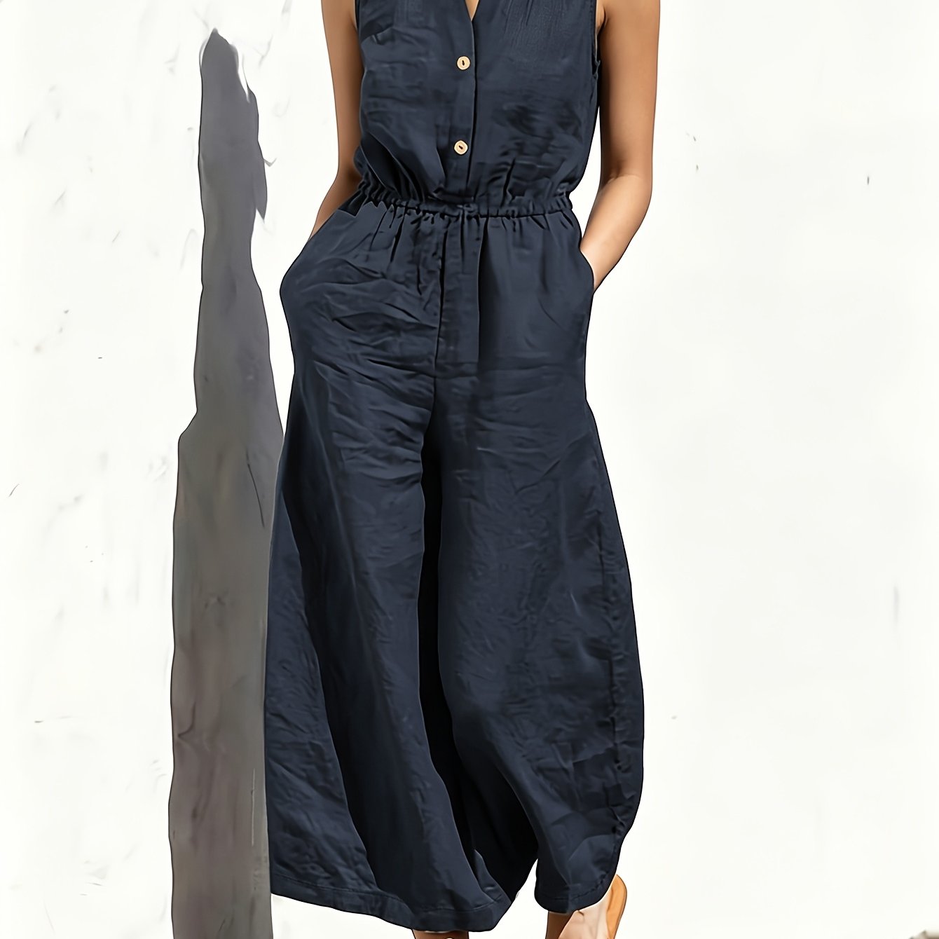 Commuting Style Navy Jumpsuit Sleeveless Button Waist Wide-Leg Casual Jumpsuit