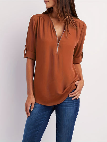 V-Neck Zipper Women'S Long-Sleeved Roll-Up Sleeve Loose Chiffon Shirt
