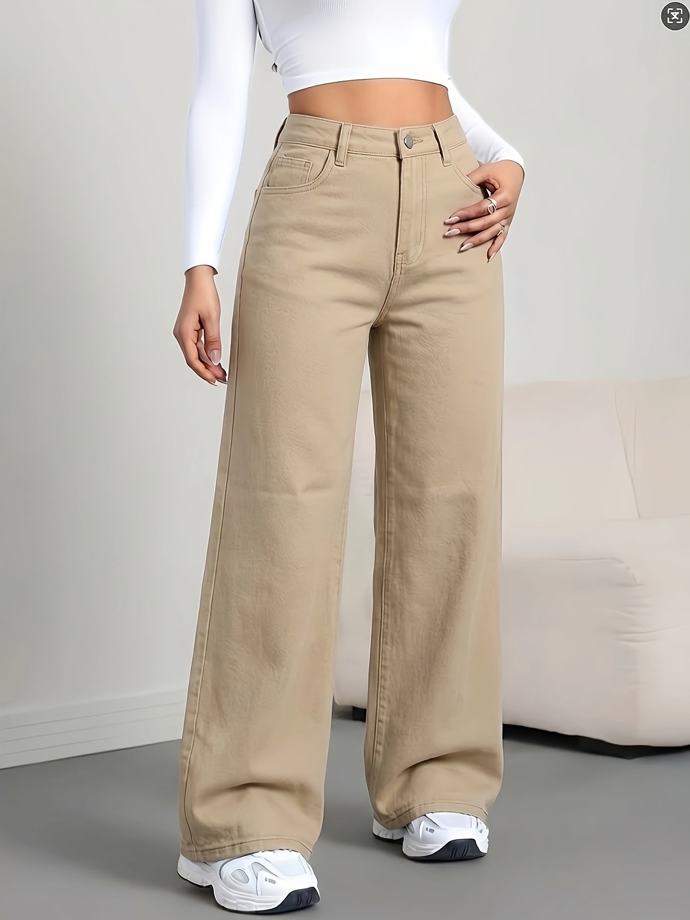 [Denim Wide-Leg Pants] Khaki Washed Denim Pants - Loose Wide-Leg Trousers - Versatile Casual Pants