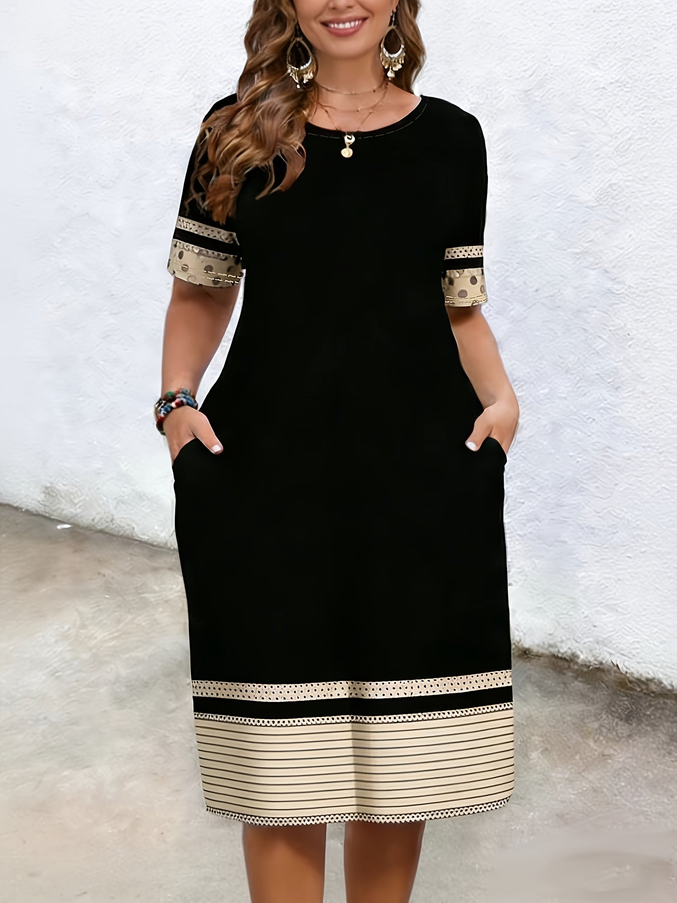 Plus Size, Elegant Striped and Polka Dot Prints, Simple yet Sophisticated. Positioning Anchor Printing, Flameproof Design, Large Size, Short-sleeved Dress. Perfect for Summer Music Festivals. It Brings Good Fortune!