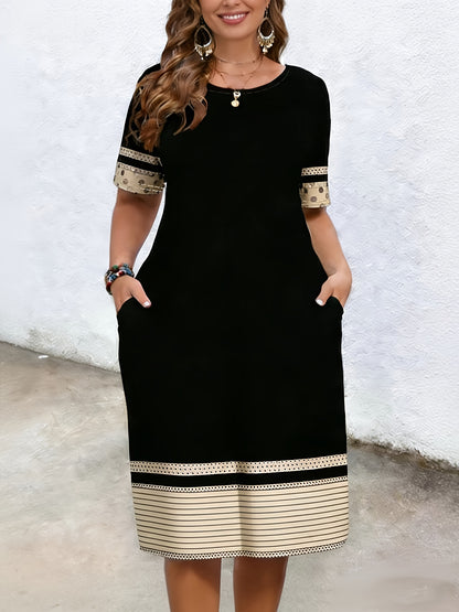 Plus Size, Elegant Striped and Polka Dot Prints, Simple yet Sophisticated. Positioning Anchor Printing, Flameproof Design, Large Size, Short-sleeved Dress. Perfect for Summer Music Festivals. It Brings Good Fortune!