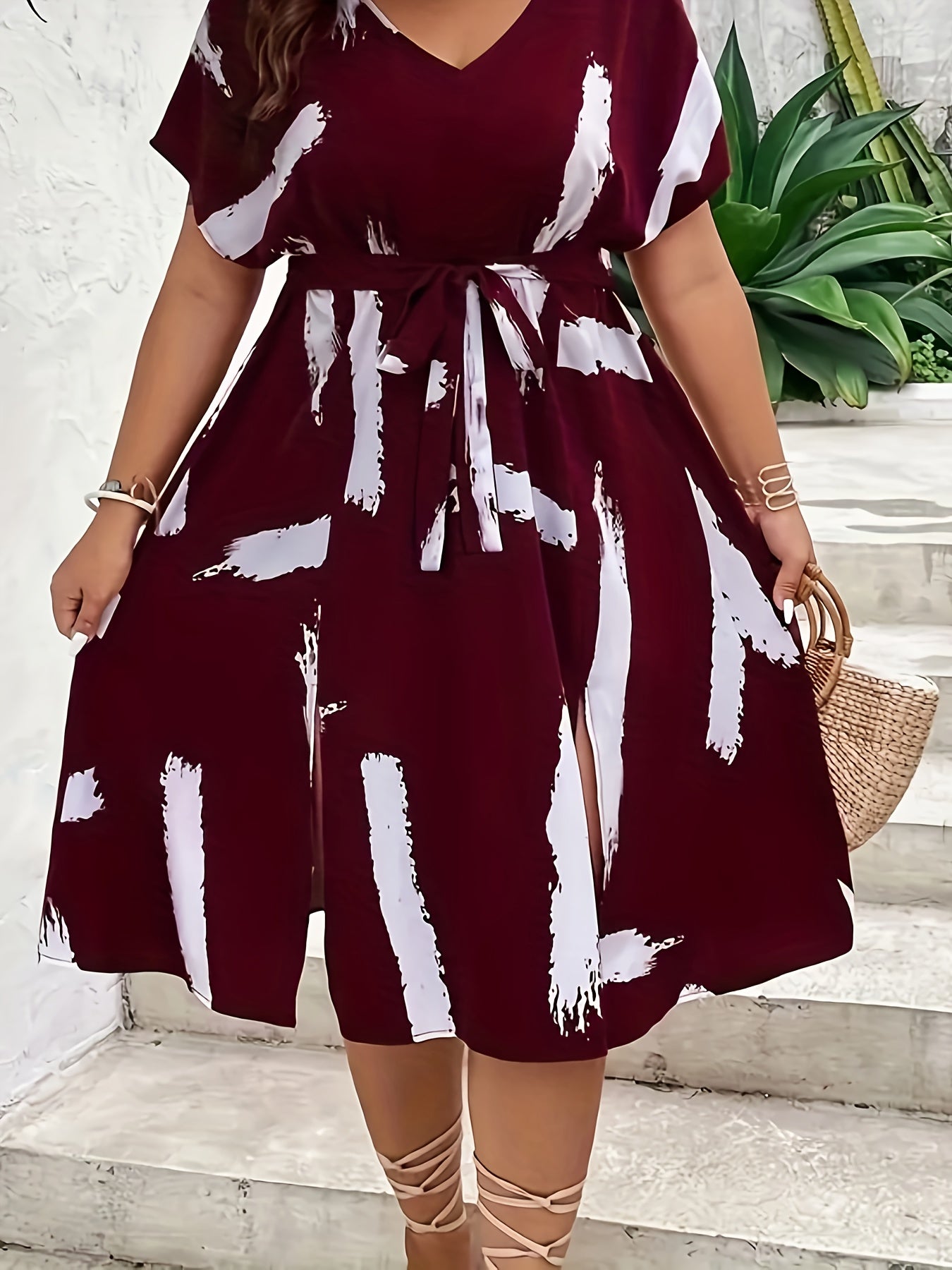 Plus Size, Plus Size Wine Red Lace-up X-cut Dress