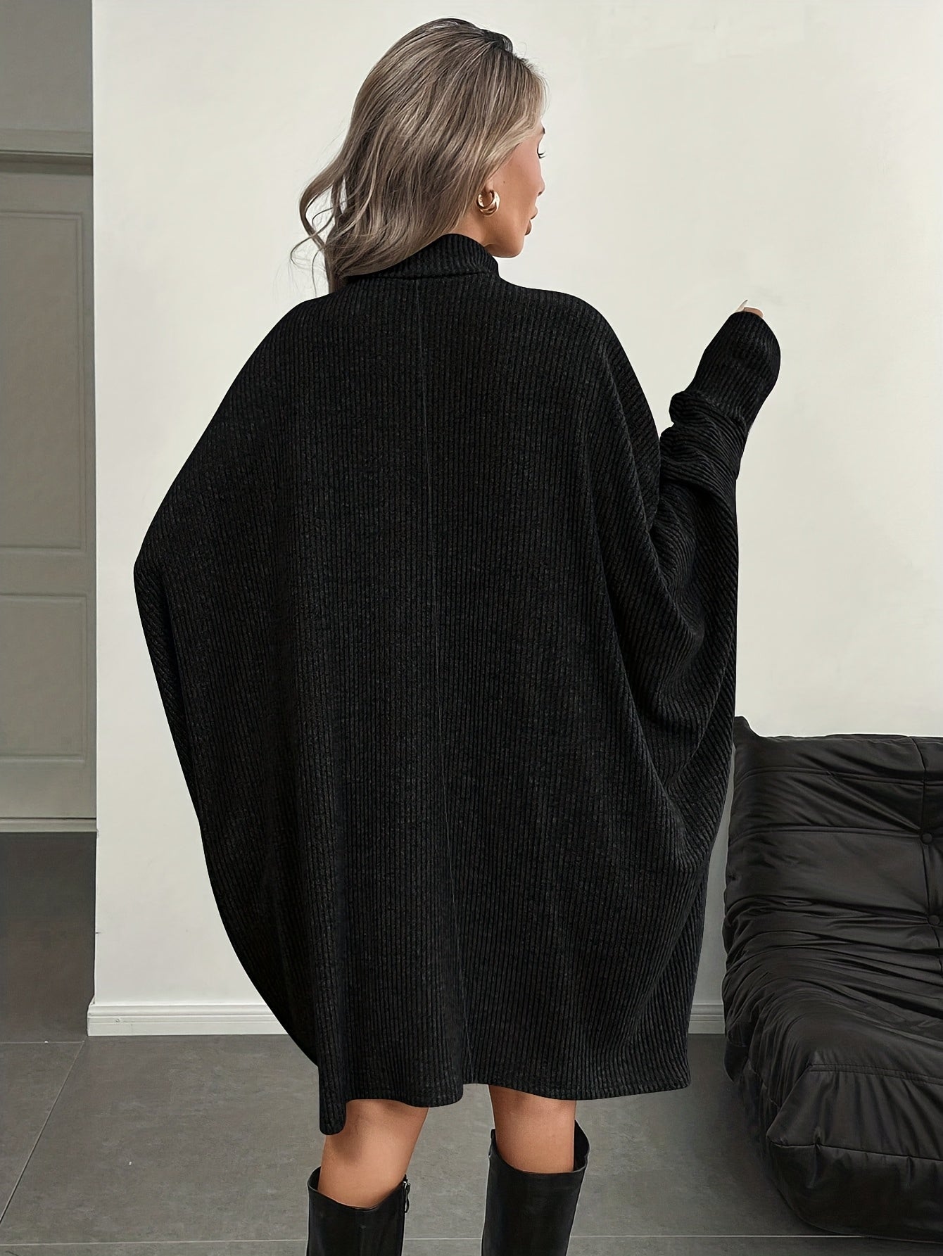 Women's Solid Color High Neck Batwing Sleeve Dress