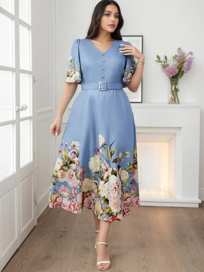 Plus Size, Plus Size Women's Spring/Summer Floral Print Elegant High-Waisted V-Neck Short Sleeve Dress