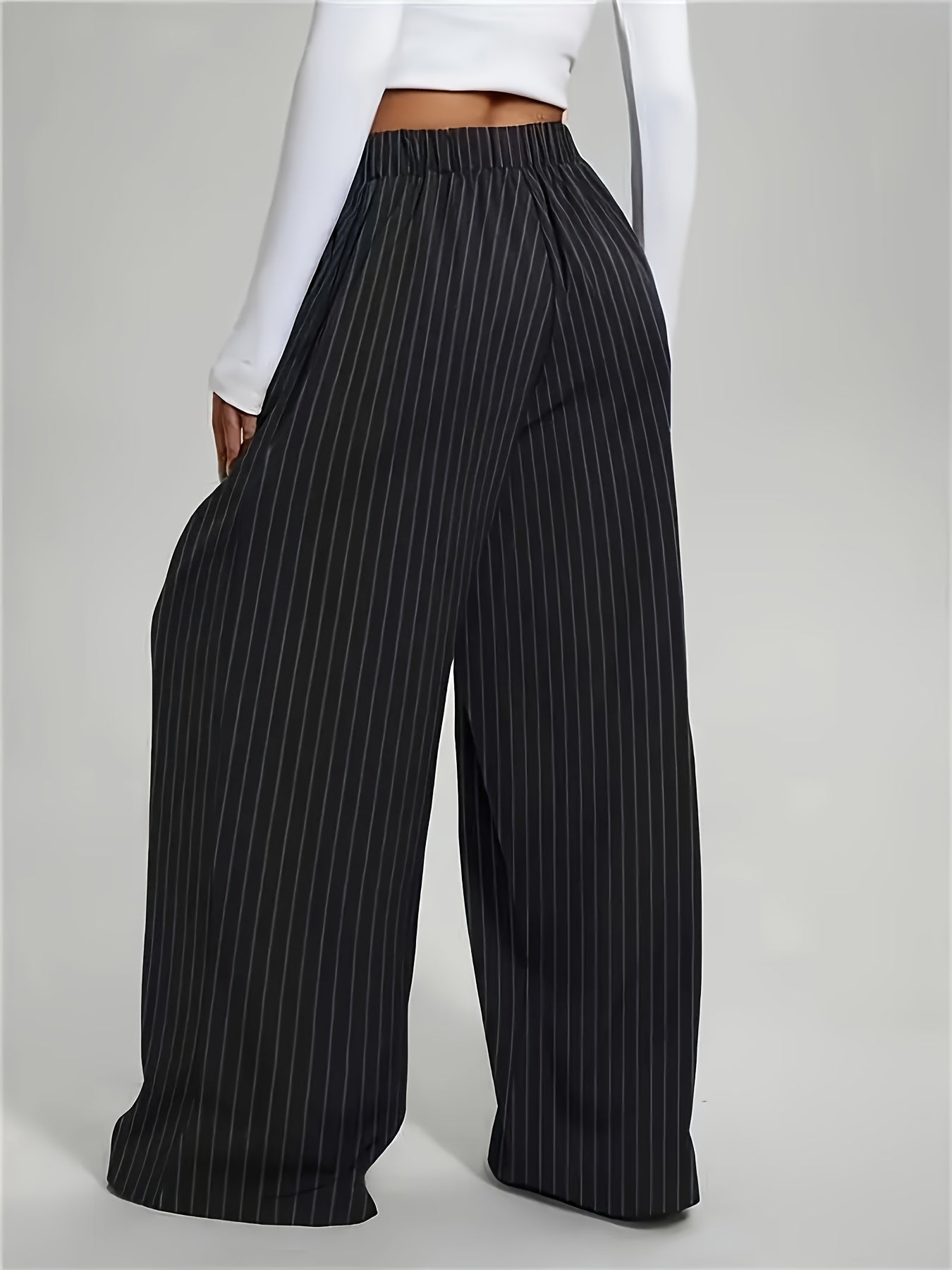 [Striped Harem Pants] Women's Casual Striped Harem Pants - High-Waist Full-Length Wide-Leg Trousers with Vertical Pleats and Pocket Design - Elegant Special Series, Structured Non-Stretch Fabric Suitable for All Seasons, Professional and Semi-Formal Wear