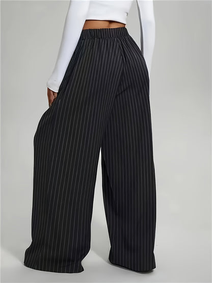 [Striped Harem Pants] Women's Casual Striped Harem Pants - High-Waist Full-Length Wide-Leg Trousers with Vertical Pleats and Pocket Design - Elegant Special Series, Structured Non-Stretch Fabric Suitable for All Seasons, Professional and Semi-Formal Wear