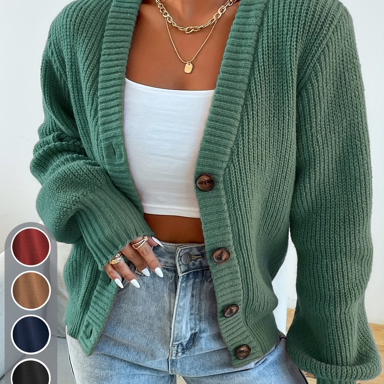 Self-designed Elegant Women's Solid Color Front-button Cardigan Sweater Coat for Spring and Autumn