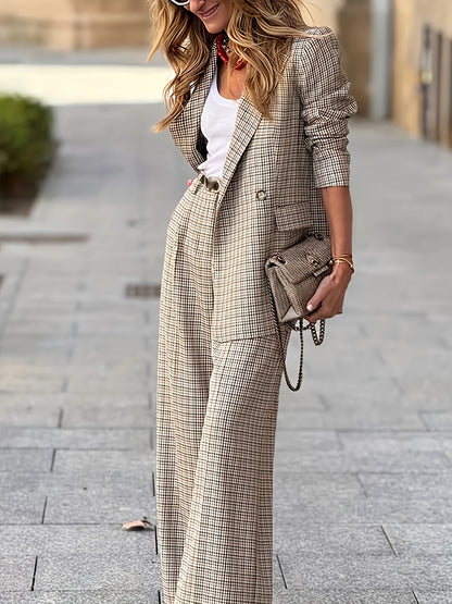[Elegant Bi-Color Outfit] 2pcs Elegant Fashion Casual Set | Bi-Color Checkered Double-Breasted Suit Jacket & Ankle Pants